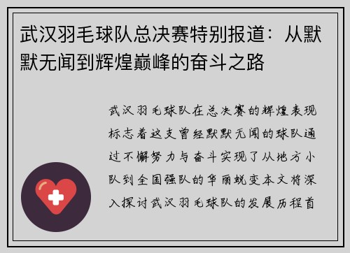 武汉羽毛球队总决赛特别报道：从默默无闻到辉煌巅峰的奋斗之路