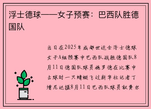 浮士德球——女子预赛：巴西队胜德国队